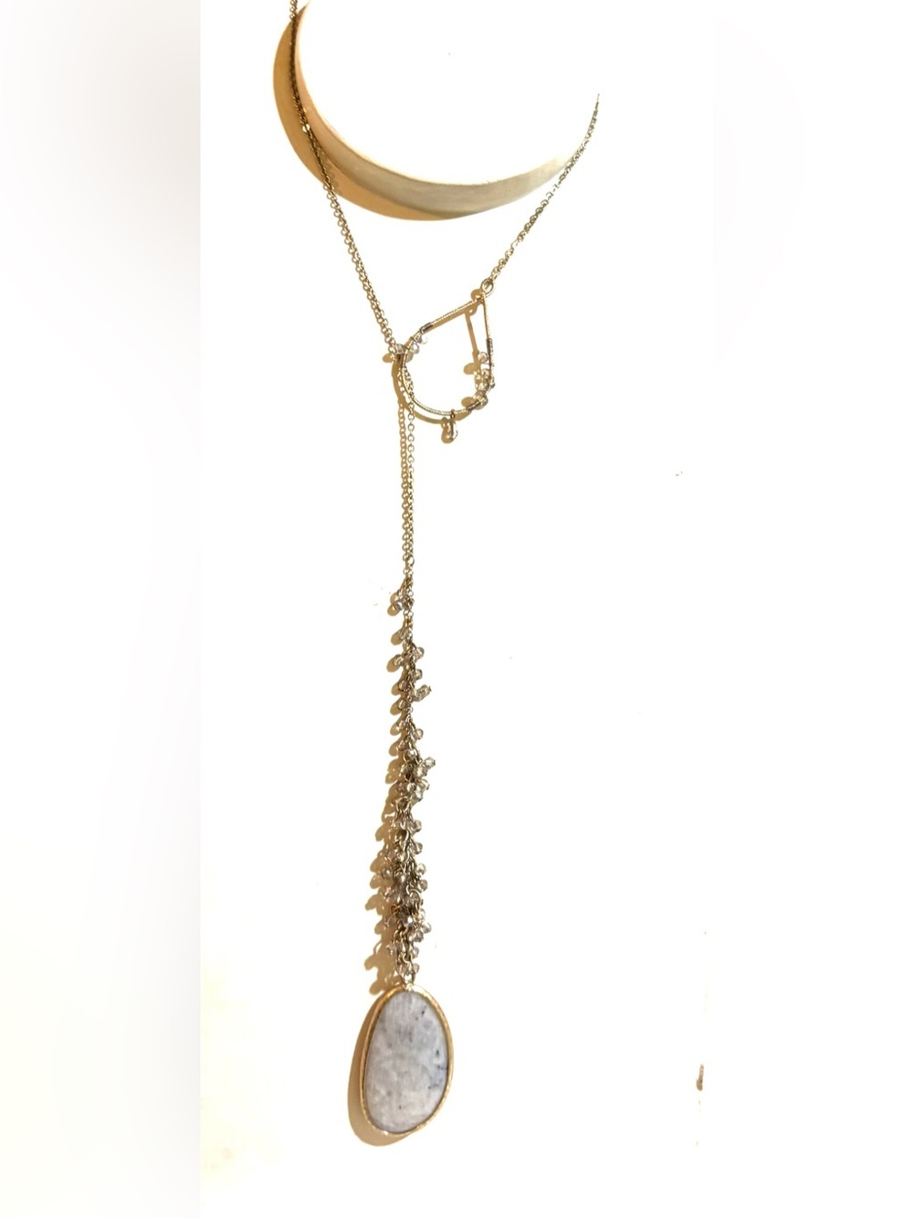 Gold Dangle Crystal Lariat Necklace with Leaf Charms - Women Jewelry